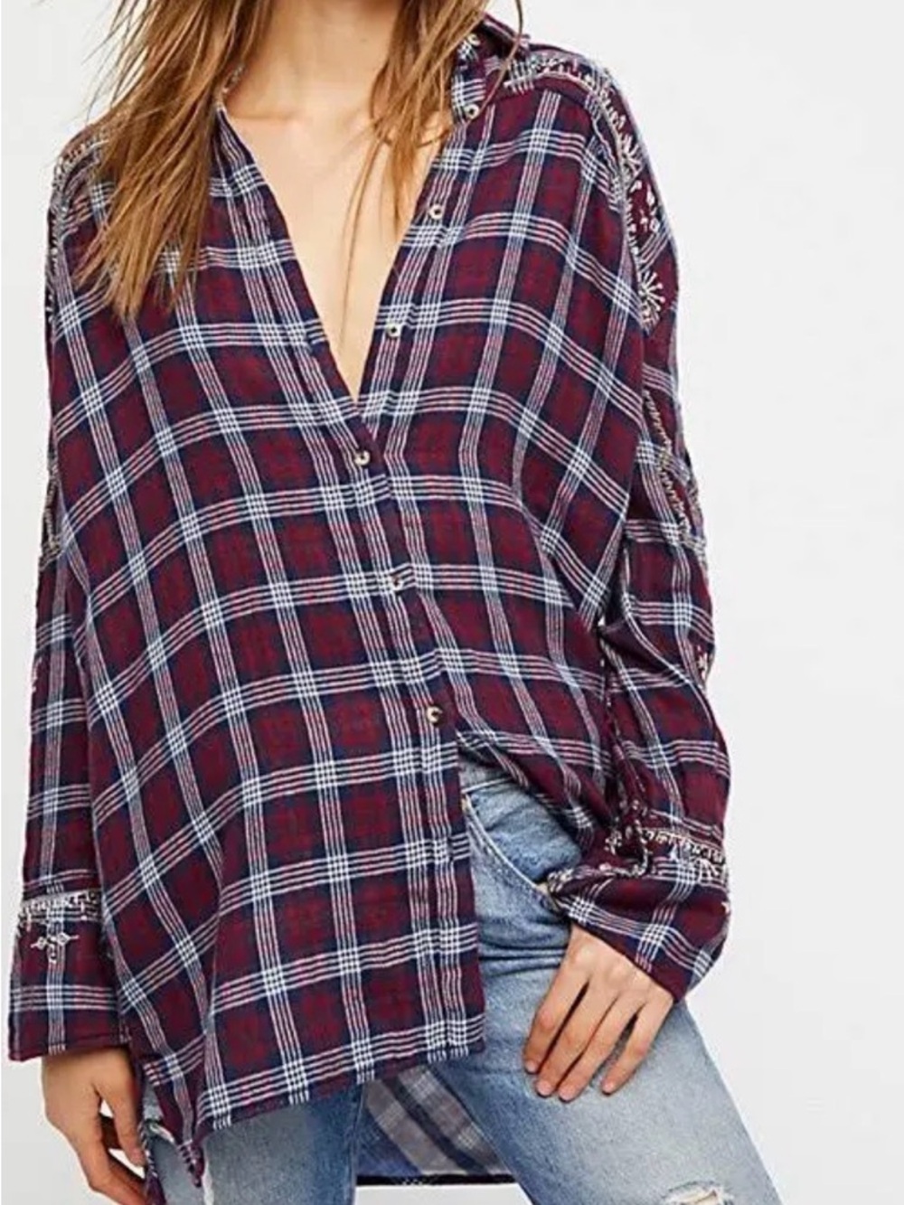 Free People Downtown Romance Red Blue Oversized Embellished Plaid Shirt Size L